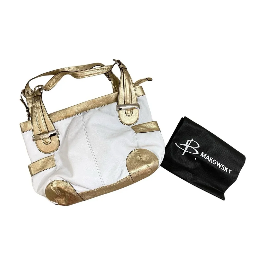 B. Makowsky Womens White & Gold Shoulder Bag Hobo Purse Handbag Leather Large